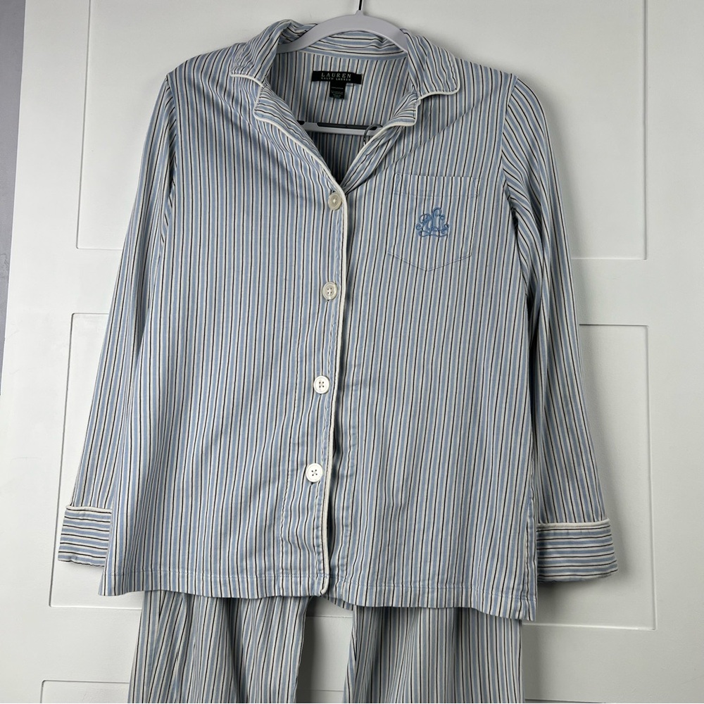 Vintage Lauren Ralph Lauren Blue and White Striped Pajama Set Women’s Medium